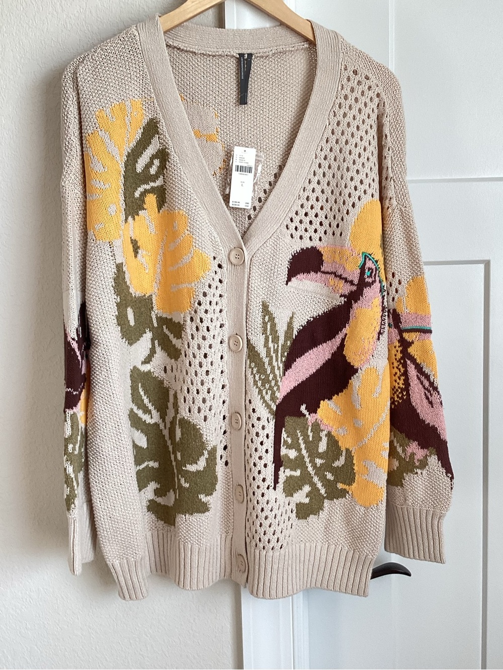 Anthropologie Toucan Cardigan Sweater Open Knit Long Sleeve New Large Tropical - Picture 4 of 15